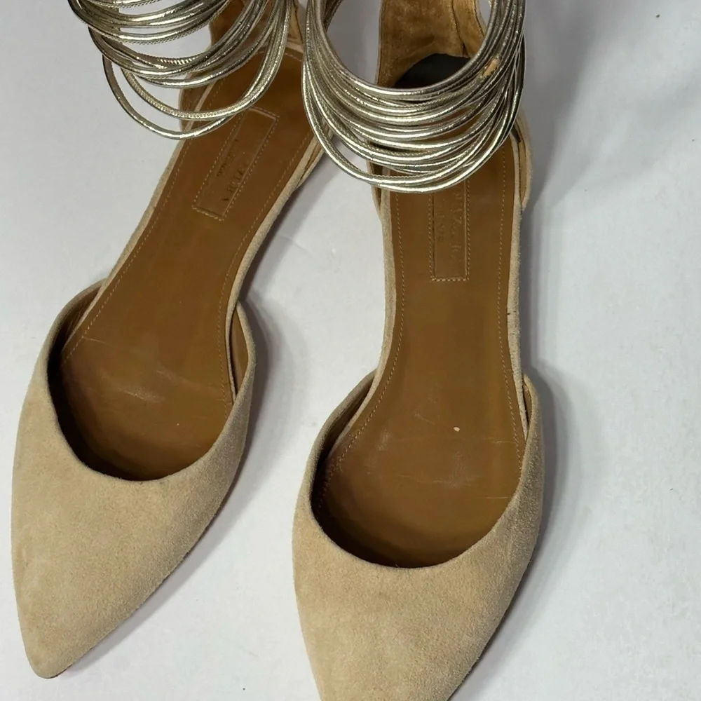 Elegant Beige Ankle Strap Flats ACUAZZURA 7.5 size pre owned good conditions